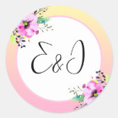 Elegante Petunias Bloemengele en Roze Initialen Ronde Sticker (Voorkant)