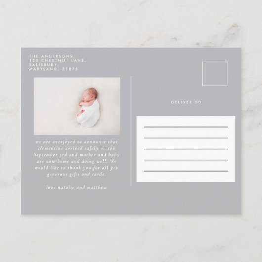 Elégante photo de faire-part de naissance bleue mi (Dos)