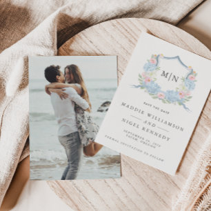 Élégante Photo Monogramme Bleu Save the Date
