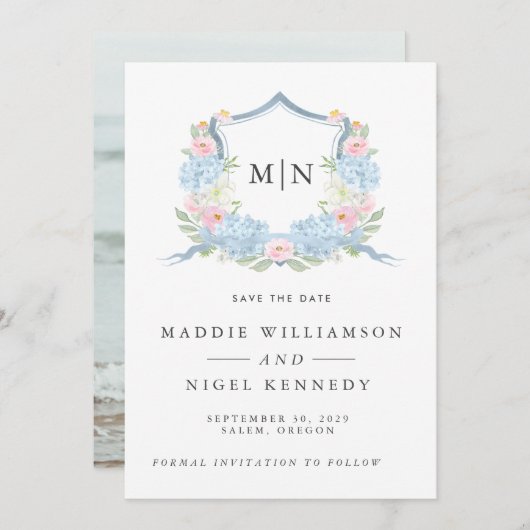 Élégante Photo Monogramme Bleu Save the Date (Devant / Derrière)