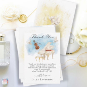 Elegante piano met viool en duiven bedankkaart