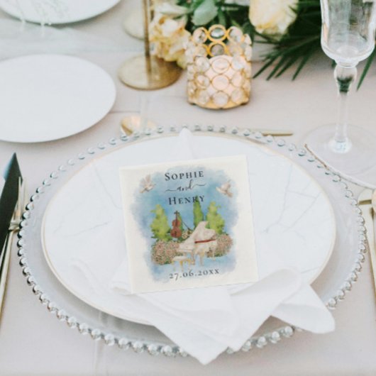 Elegante piano | Viool bloemen duiven bruiloft lux Servet