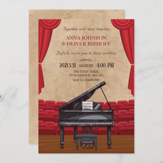 elegante pianobruiloft kaart (Voorkant / Achterkant)