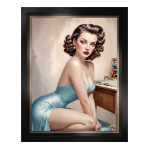 Elegante pin-up meisje schoonheid in satijnblauwe foto afdruk