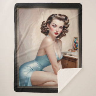 Elegante pin-up meisje schoonheid in satijnblauwe  sherpa deken