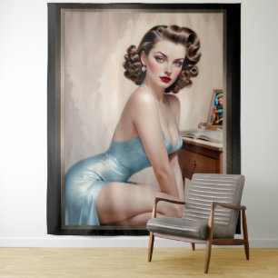 Elegante Pin-Up Meisje Schoonheid In Satijnen Blau Wandkleed