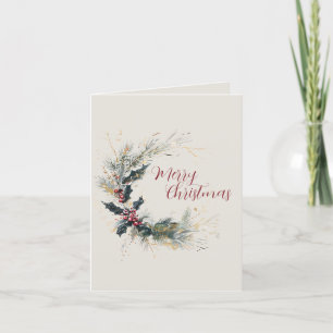 Elegante Pine en Holly Krans met gouden accenten Feestdagen Kaart