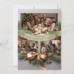 Élégante Pine Gold Ribbon Famille de Noël Carte
