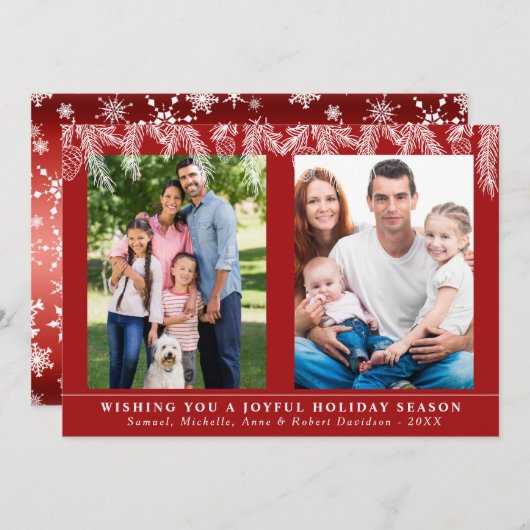 Elegante Pine Snowflakes Familie Foto's Kerstmis Feestdagenkaart (Voorkant / Achterkant)