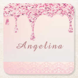 Elegante Pink Glam Glitter Drip Vierkante Kartonnen Onderzetter