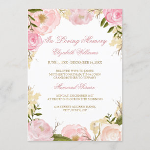 Elegante Pink Rose Memorial Service Uitnodiging