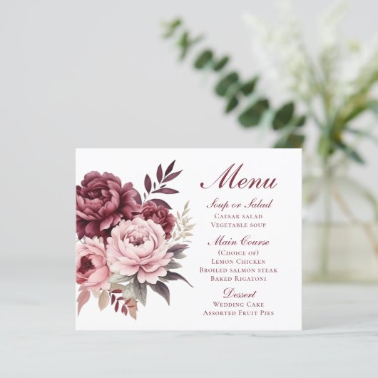 Elegante pioen Bourgondië Bloemen bruiloft Menu (Staand voorkant)