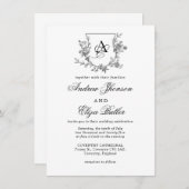 Elegante Pioen Monogram Crest Uitnodiging (Voorkant / Achterkant)