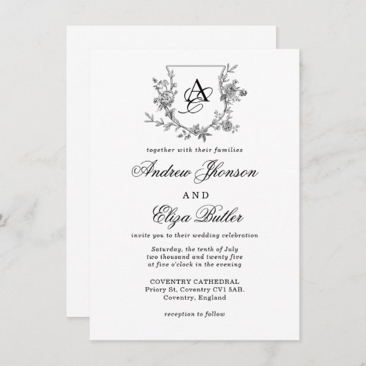Elegante Pioen Monogram Crest Uitnodiging (Voorkant / Achterkant)