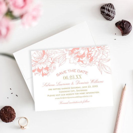 Elegante pioen trouw coral en goud save the date