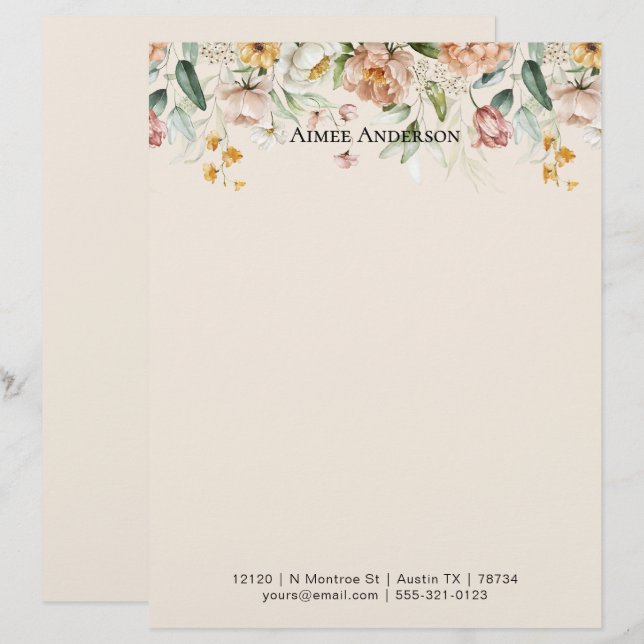Elegante Pioenroos Hortensia Bloempatroon Rand Briefhoofd (Voorkant / Achterkant)