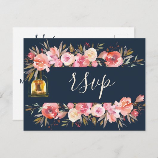 Elegante Pioenrozen Rustieke Lantaarns Marine Kora Uitnodiging Briefkaart (Voorkant / Achterkant)