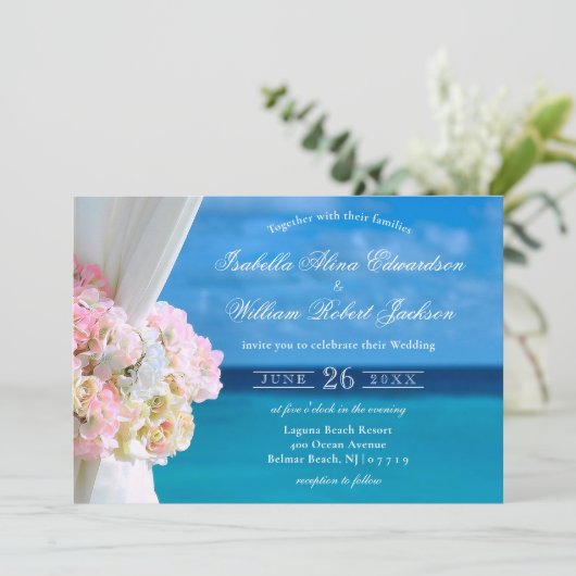 Elégante Plage Florale Plage Mariage Invitation (Debout devant)
