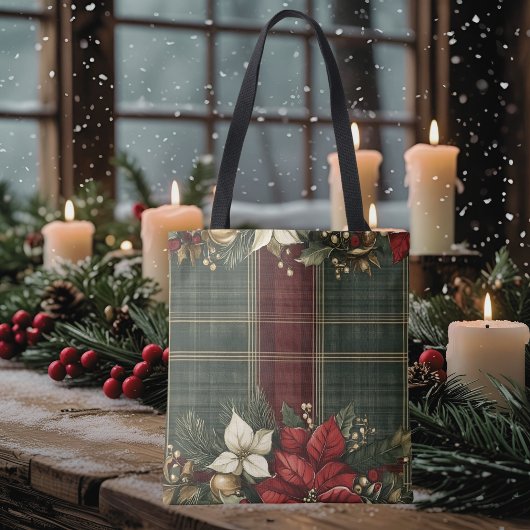 Elegante Plaid & Poinsettia Kerstvakantie Draagtas