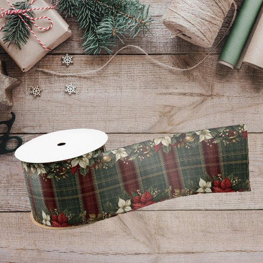 Elegante Plaid & Poinsettias Kerstvakantie Lint