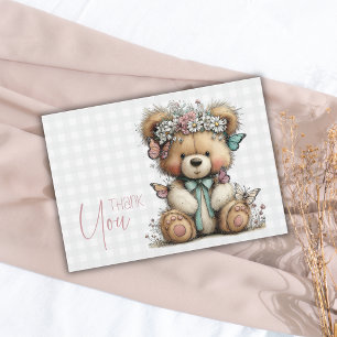 Elegante Plaid Teddy Bloemen Baby Shower Bedankkaart