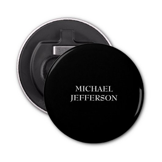 Elegante Plain Zwart Wit Gepersonaliseerde Custom Button Flesopener (Voorkant)