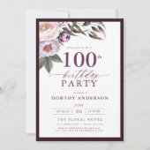 Elegante Plum Paarse Bloemen Script 100ste Verjaar Kaart (Voorkant)
