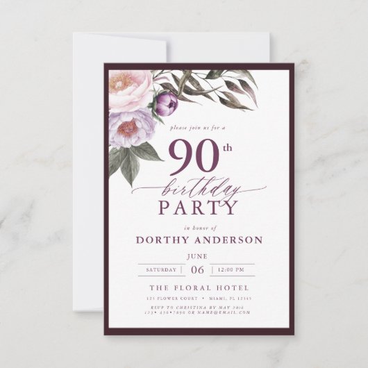 Elegante Plum Paarse Bloemen Script 90ste Verjaard Kaart (Voorkant)