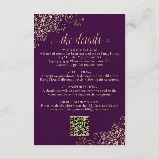 Elegante Plum Paarse & Gold Wedding QR Code Detail Informatiekaartje (Voorkant)