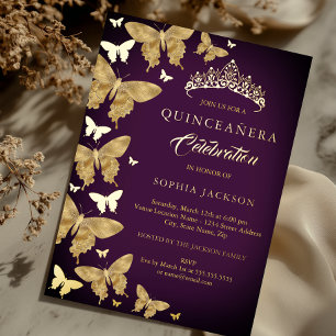 Elegante Plum Paarse Gouden Vlinder Quinceanera Folie Uitnodiging
