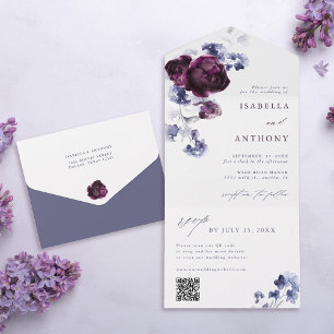 Elegante Plum Paarse & Indigo Blue Floral Wedding All In One Uitnodiging