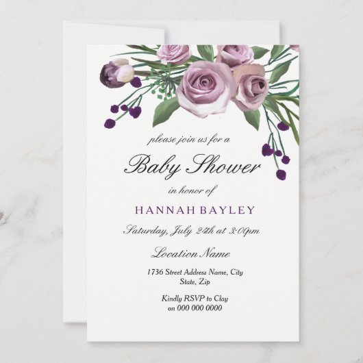 Elégante Plum violet Rose Baby shower Invitation (Devant)