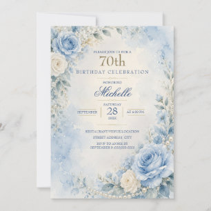 Elegante Poederblauwe Bloem Pearl 70 Verjaardag Kaart