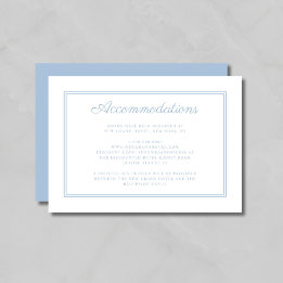 Elegante poederblauwe script huwelijksaccommodatie informatiekaartje