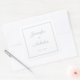 Elegante poederblauwe scriptie bruiloft vierkante sticker