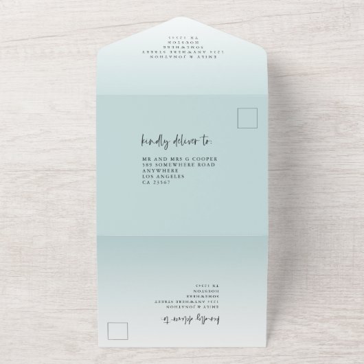 Elegante Poederblauwe Tint Script Wedding All In One Uitnodiging (Buitenkant)