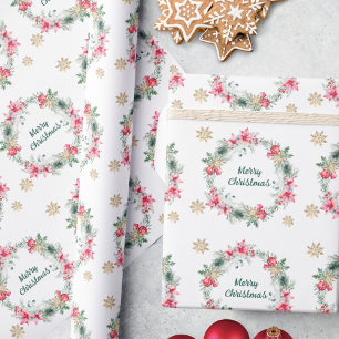 Elegante Poinsettia Gouden Sneeuwvlok Kerstkrans Cadeaupapier