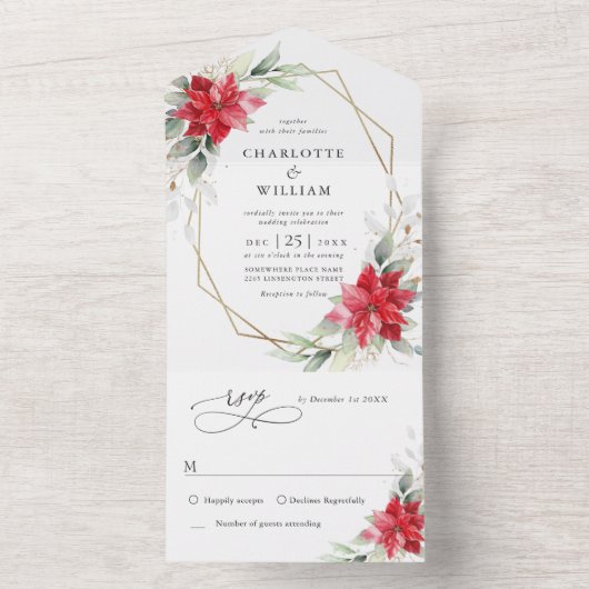 Elegante Poinsettia Winter groen bruiloft All In One Uitnodiging (Binnen)