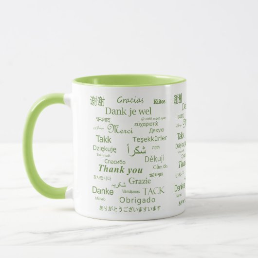 Elegante polyglot "dank u" groene typografie mok (Links)