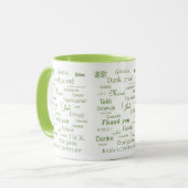Elegante polyglot "dank u" groene typografie mok (Voorkant links)