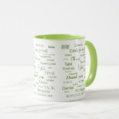 Elegante polyglot "dank u" groene typografie mok (Voorkant rechts)