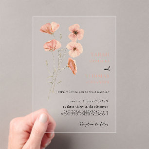 Elegante Poppy Meadow Sinaasappel Flowers Wedding Acryl Uitnodigingen