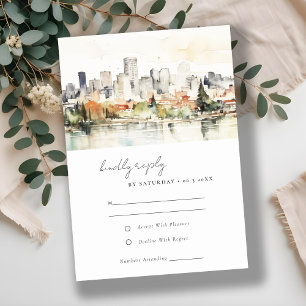 Elegante Portland Oregon Skyline Waterverf bruilof RSVP Kaartje