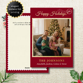 Elegante postzegel vierkante foto rood goud folie feestdagenkaart
