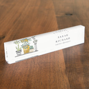 Elegante Potted House Planten Waterverf Botanical Naambordje