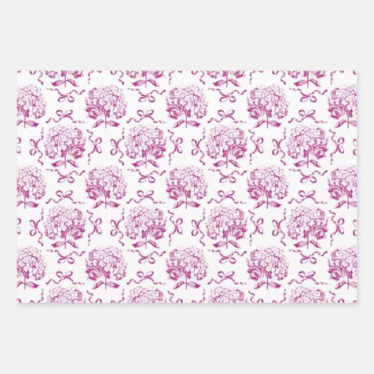 Elegante Preppy Hydrangea Bow Roze Toile Patroon Inpakpapier Vel (Voorkant)