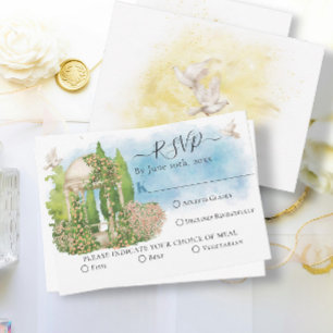 Elegante prieelbloemen, duiven Zomer bruiloft RSVP Kaart