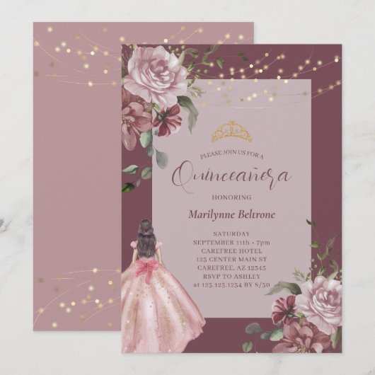 Elégante Princesse Floral Quinceañera Invitation (Devant / Derrière)