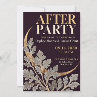 Elegante Pruim Gouden Botanische Trouw After Party Kaart