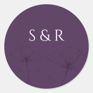 Elegante Pruim Paarse Bloemlijn Kunst Monogram Ron Ronde Sticker